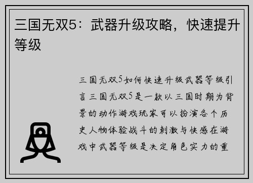 三国无双5：武器升级攻略，快速提升等级